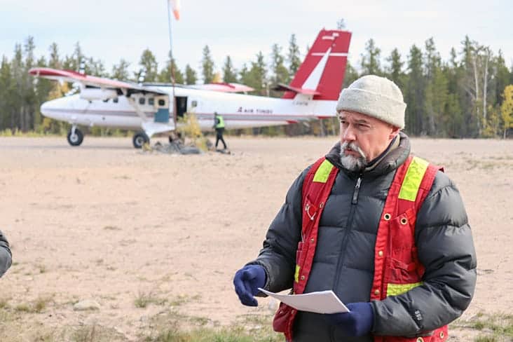 Ron Breadmore, project manager of the Bullmoose-Ruth Remediation Project, addresses media at the Bullmoose site’s airstrip. Dylan Short/NNSL photo