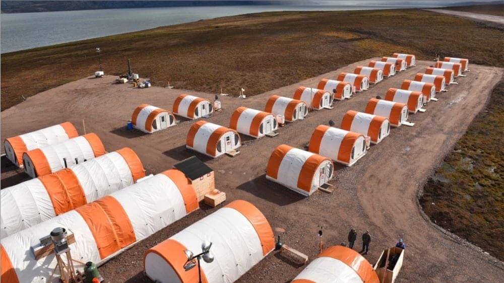 This is an aerial view of Sabina's 45-person camp at the marine laydown area, where supplies are received. In the winter months, a 160-km seasonal road leads to the Goose site, where a mine will be built.
