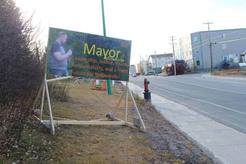 Mayoral candidate Jerald Sibbeston says he was forced to fix his signs because they exceeded the election sign bylaw, but that his competitors' signs have not faced the same scrutiny. Sidney Cohen/NNSL photo