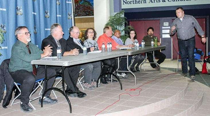 Eight of the nine candidates vying for a spot on the Yellowknife Education District No.1 board of trustees attended an election forum held at Sir John Franklin, Wednesday night. From left are Jay Butler, Al McDonald, John Stephenson, Ozgur Oner, Al Shortt, Satish Garikaparthi, Tina Drew, and Rajiv Rawat. At far right is moderator David Wasylciw. Simon Whitehouse/NNSL photo.