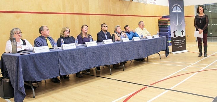 Two of the three newcomers running for the Yellowknife Catholic school board were elected, along with five incumbents. An election forum was held at St. Joseph School, Oct. 10. From left are Erin Currie (elected), John Hazenburg, Lori Macmillan Gallant (elected), Candace Meadus (elected), Revi Lau-a (elected), Tina Schauerte (elected), Steven Voytilla (elected), and Miles Welsh (elected). At far right is moderator and YCS superintendent Claudia Parker. Simon Whitehouse/NNSL photo.