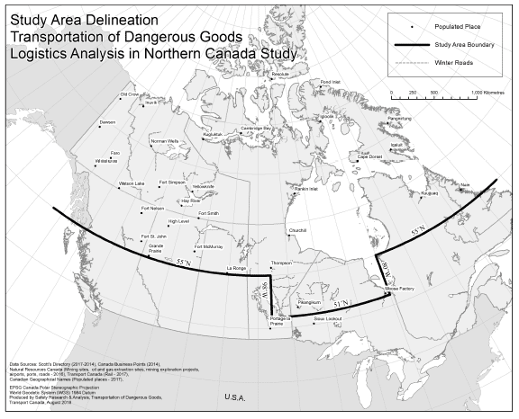 The study area of an upcoming logistics analysis on the transportation of dangerous goods in Northern Canada. Transport Canada graphic.