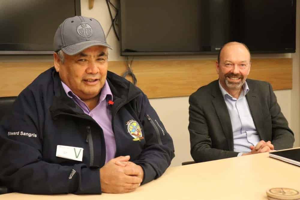 Chief Edward Sangris of the Yellowknives Dene First Nation, left and Matt Spence, Regional Director General, CIRNAC, present the most recent findings on arsenic levels in Ndilo at a technical briefing earlier this week. Dylan Short/NNSL photo