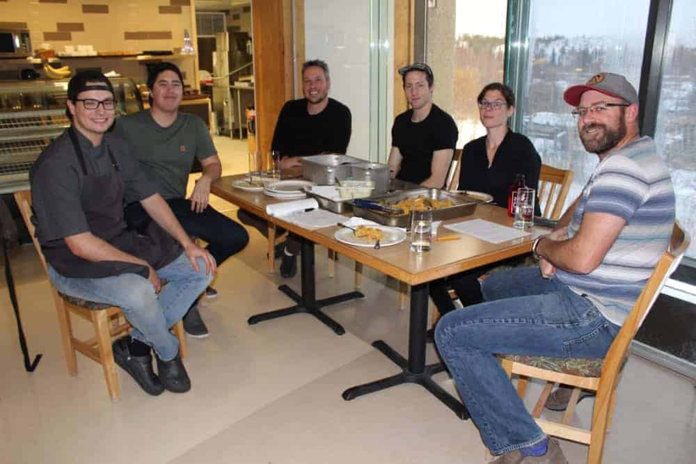 Flavour Trader is set to open Monday at the former Museum Cafe space at the Prince of Wales Northern Heritage Centre. From left are Calvin Rossouw, head chef, Travis Kamitom, cook, Jared Bihun, sous chef, Valerie Gamache, celebretrice, and Martin Guadagno, friend.  Simon Whitehouse/NNSL photo
