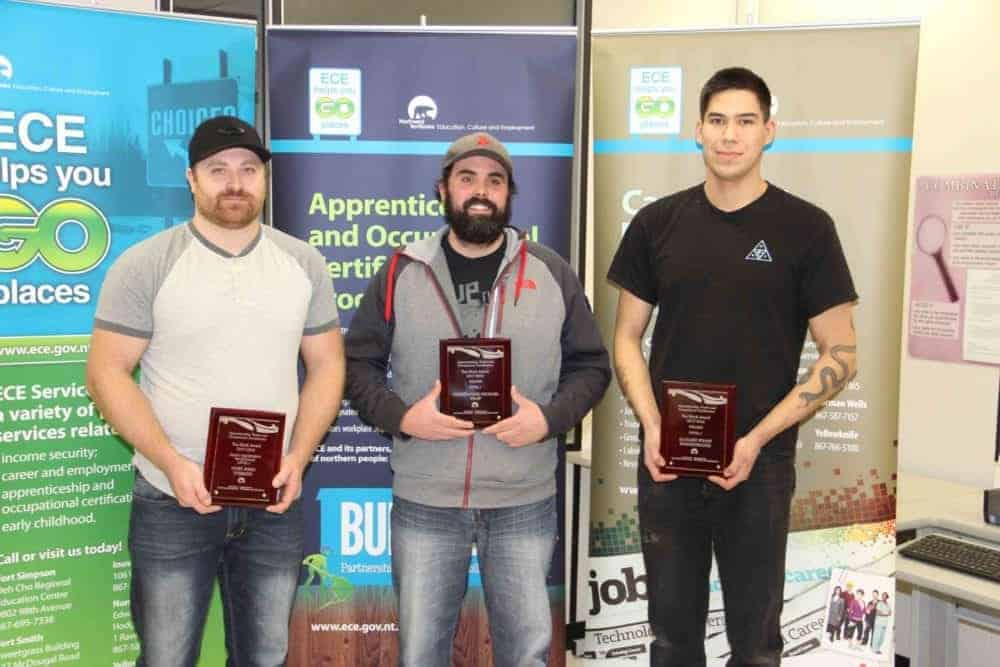 The top NWT apprentices in Hay River for the past academic year were recognized at a Nov. 8 ceremony hosted by the Department of Education, Culture and Employment. The award-winning apprentices included, left to right, Cory John Tybring, Christopher Michael Shaw and Zackary Wyatt Bonnetrouge. Paul Bickford/NNSL photo