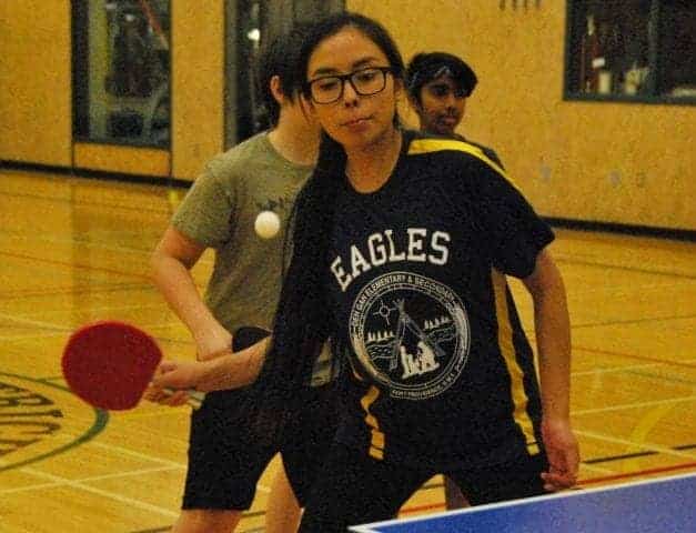 Shannan Bonnterouge of Fort Providence gets set to return a forehand during the second and final set of Canada Winter Games table tennis trials in Yellowknife on Nov. 25. James McCarthy/窪蹋勛圖厙 photo