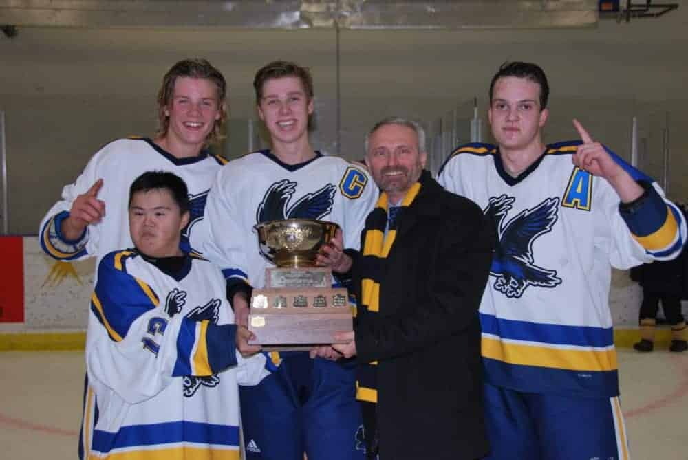 Sir John Franklin successfully defended their title in the Wade Hamer Challenge Cup boys game in thrilling fashion on Wednesday by beating St. Pat's in sudden-death overtime. Holding the trophy are, front row from left, team manager Keegan Nayally and Dean McInnis, principal of Sir John Franklin; back row from left, Jack Kotaska, Markus Cluff and Zachary Smith.