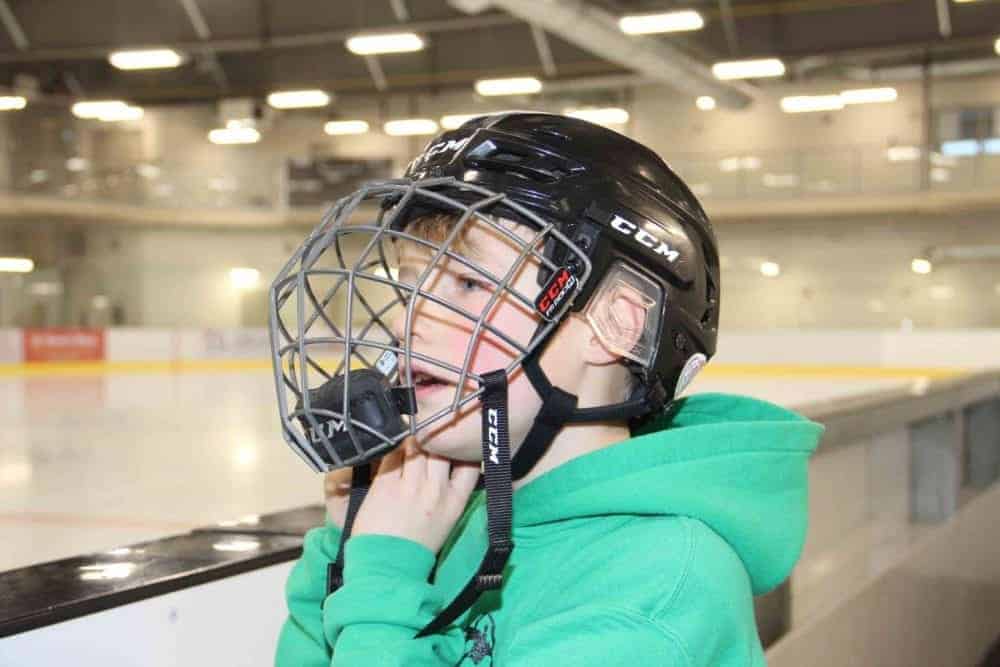 As he always does, nine-year-old Brody Humbke was wearing a helmet and facemask on Dec. 1, the date when new safety standards came into effect for ice users at the Rec Centre. Paul Bickford/NNSL photo