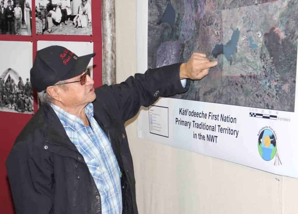 Pat Martel, a band councillor with K'atlodeeche First Nation, points out aspects its traditional territory during a news conference on Nov. 30. KFN held the news conference to state its opposition to including any of its traditional territory in a land claims settlement for the Northwest Territory Metis Nation. Paul Bickford/NNSL photo