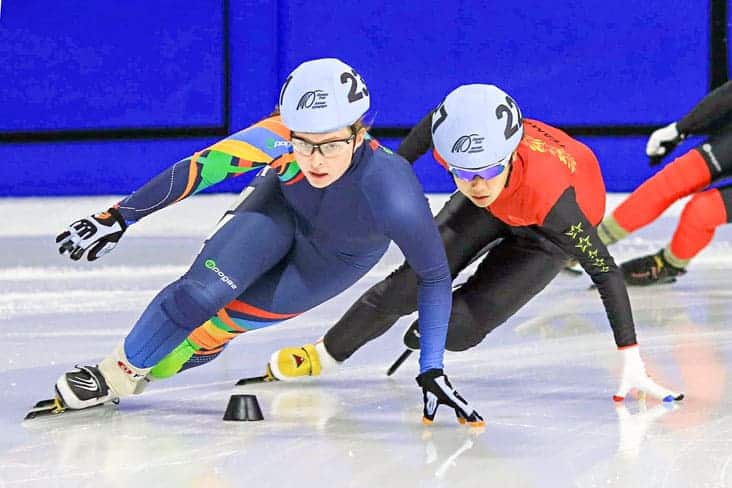 Wren Acorn jumps in front of her competition at during a race earlier this year. Acorn recently competed at the junior short track national championships. photo courtesy of Kerry Egen