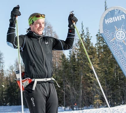 Petter Jacobsen is all smiles as he crosses the finish line at the Yellowknife Ski Club first in the solo men's ski division of the Frostbite 50 race on Sunday. Brett McGarry/NNSL Photo
