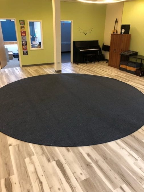 The roughly 800 square foot square foot room in Mary Kelly's Music Space is available for to rent for music programming. Music Space also features two roughly 100 square foot rooms for private lessons or practice. Courtesy of Mary Kelly
