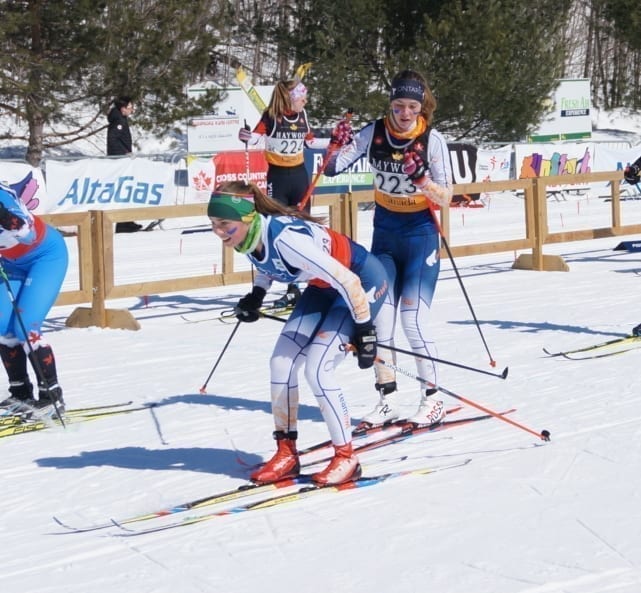 Rae Panayi takes off on her lap in the team relays after being tagged by Ella Kokelj during action at the Canadian Ski Championships in Gatineau, Que., on March 18. photo courtesy of Shawne Kokelj