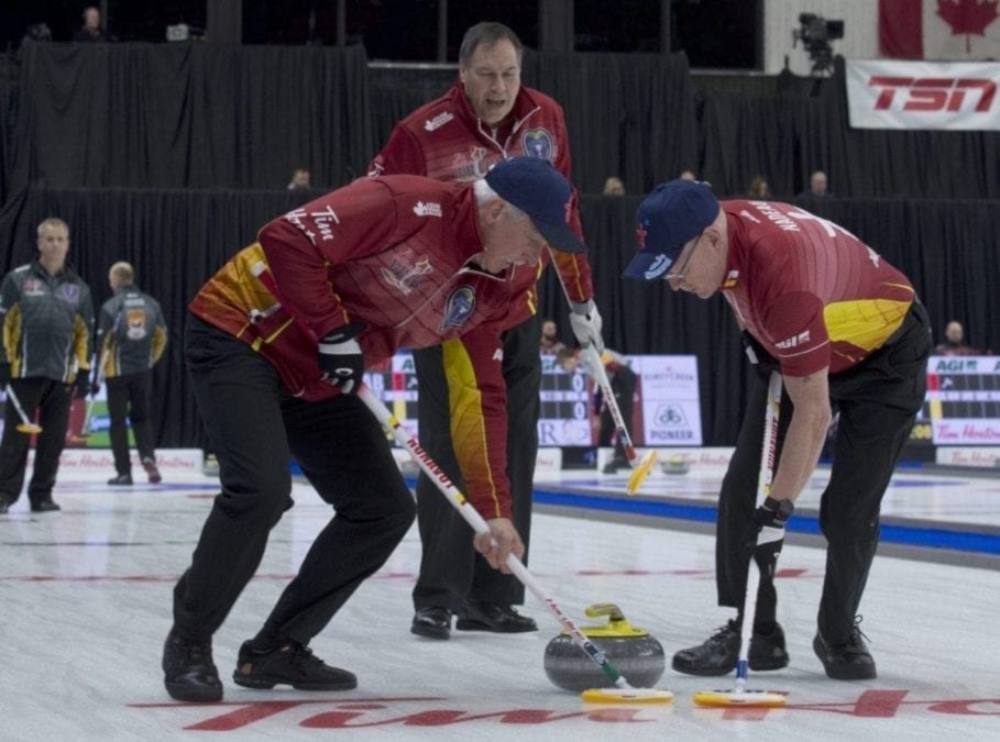 Brandon Mb, March 2, 2019.Tim Hortons Brier.Team Nunuvat, skip David St. Louis, lad Lloyd Kendall, second Jeff Nadeau, Curling Canada/ michael burns photo