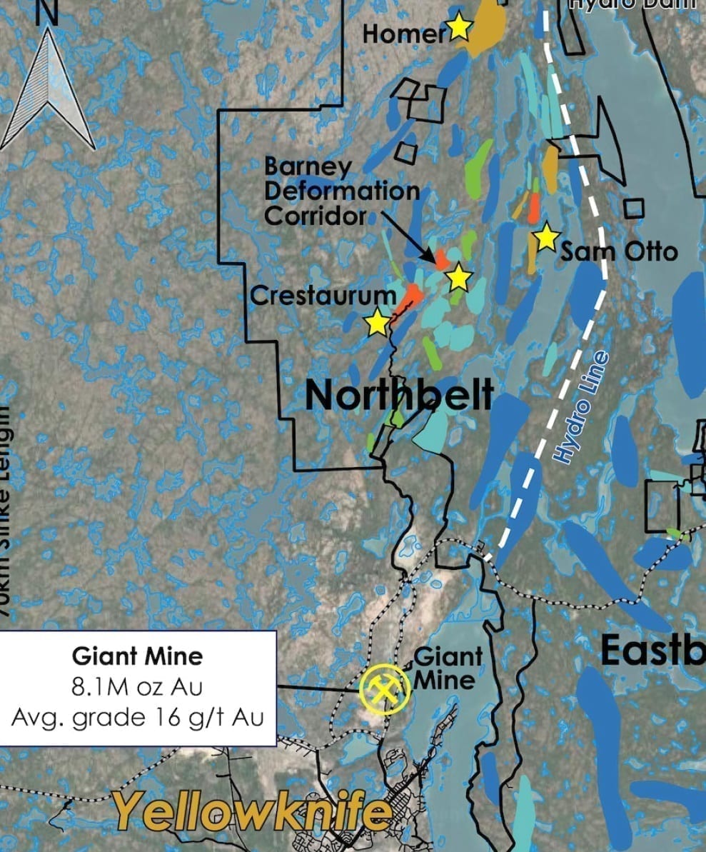 North of Yellowknife lies the four most promising sites for drilling and resource development for TerraX named Homer, Barney, Sam Otto and Crestaurum. Courtesy of TerraX