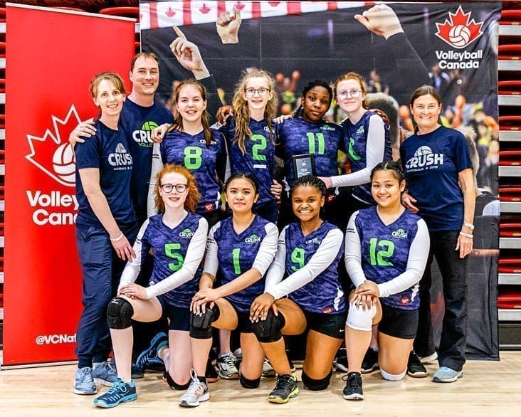 The Crush Volleyball Club's 14U girls outfit made the trip to Ottawa last weekend to compete at the Volleyball Canada 14U National Championships. They are, front row from left, Gracie Brennan, Thea Marzan, Naledi Ndlovu and Rica Salaboro; back row from left, coach Jeannie Mathison, coach Mike Mathison, Hannah Gillingham, Tamara Mathison, Oleta Duru, Andrea Geraghty and coach Gail Christie. photo courtesy of Jeannie Mathison