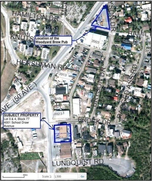 The highlighted building in city documents shows which building the NWT Brewing Company will be expanding into, just a few blocks from its Woodyard location. The new facility will have plumed water and municipal services which will add to the company's services. photo courtesy of the City of Yellowknife