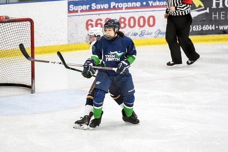  Danica Taylor battles for position in front of the net during action against B.C. at the National Aboriginal Hockey Championships in Whitehorse back in May. The 2019 edition of the championships may be the last one Team North is a part of unless something magical happens. Laisa Kilabuk/Aboriginal Sports Circle of the NWT photo 