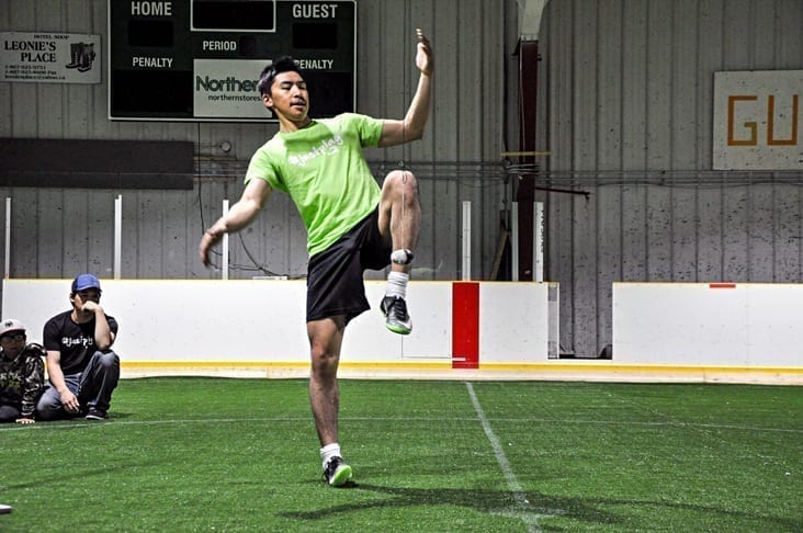 Akpak Duval of Baker Lake demonstrates the one-foot high kick during Just Play Summer Sport Camp stop in Coral Harbour earlier this month. photo courtesy of Recreation and Parks Association of Nunavut