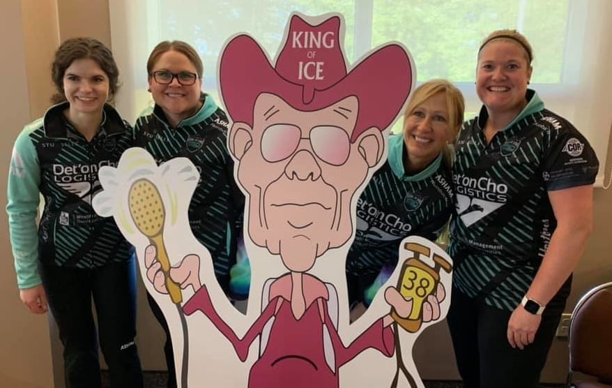 Team Galusha, made up of Sarah Koltun, left, Kerry Galusha, Jo Ann Rizzo and Shona Barbour pose with an image of Shorty Jenkins, the late legendary ice maker and who the AMJ Campbell Shorty Jenkins Classic is named after, during some down time on Sept. 14. photo courtesy of Team Galusha