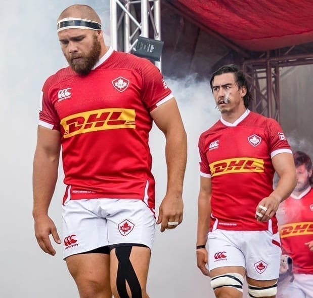 Kyle Baillie, right, walks out onto the pitch before a game with the Canadian men's national rugby team earlier this season. The Yellowknife-born Baillie is part of the squad at the 2019 Rugby World Cup in Japan but will miss the first two games of the tournament due to a knee injury. photo courtesy of Rugby Canada