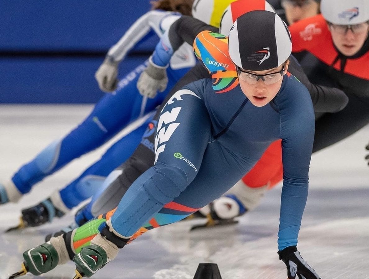 Wren Acorn leads the pack coming out of a turn during action in the Canada Cup Short Track 2 event in Sherbrooke, Que., back in February. Acorn is still in training mode through all of the COVID-19 pandemic and is preparing for an on-ice return sometime in June. Yves Longpre photo