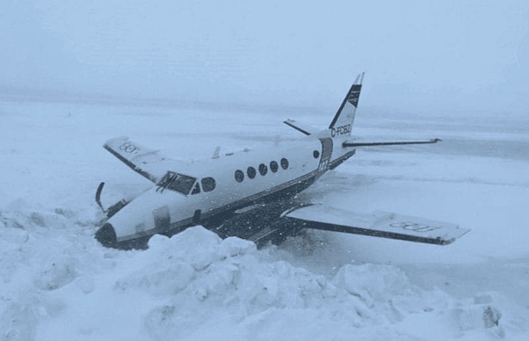 This King Air plane flying for Buffalo Airways slid off the runway and into a snowbank in Kugaaruk on Tuesday. photo courtesy of Barnaby Immingark