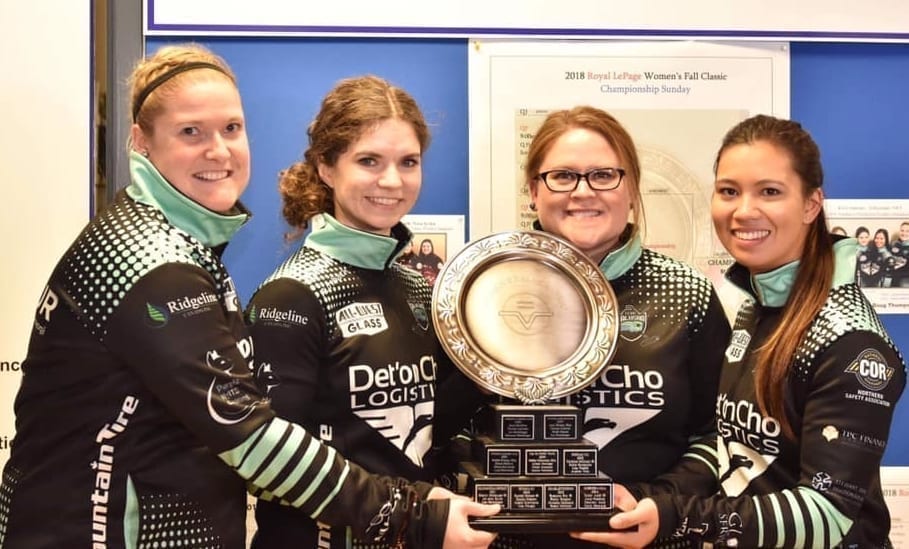 Team Galusha, made up of Shona Barbour, left, Sarah Koltun, Kerry Galusha and Brittany Tran, hold the championship trophy from the Royal LePage Women's Fall Classic after beating Mary-Anne Arsenault in the final in Kemptville, Ont., in 2018. It was the first professional win for Galusha as a skip. photo courtesy of Team Galusha