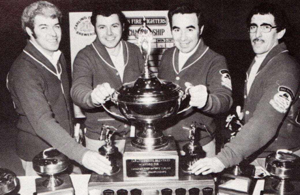 The Fort Smith Fire Department won back-to-back Canadian Firefighters Curling Association championships in 1976 and 1977. They are Mickey MacEachern, left, Howard Brazeau, Jim Schaefer and Dick Cisaroski, photo courtesy of Canadian Firefighters Curling Association