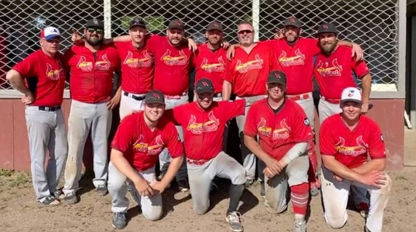 The Home Building Centre Cardinals are your 2020 champions of the Hay River Invitational Fastpitch Tournament after winning the championship contest on Sunday. They are, front row from left, Alex Brockman, Matt Walker, Andy Williams and Aaron Laborde; back row from left, Todd Moran, Aaron Plotner, Ian Ferrer, Garrett Hinchey, Ryan Nichols, Devin Penney, Chris Cahoon and Brian Couvrette. photo courtesy of Garrett Hinchey