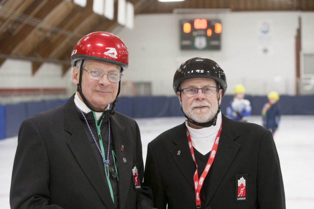 David Gilday, left, and Robin Greig were two of the on-ice officials for speedskating at the 2018 Arctic Winter Games. Gilday was inducted into the Speed Skating Canada Hall of Fame this past Friday in the builders category.