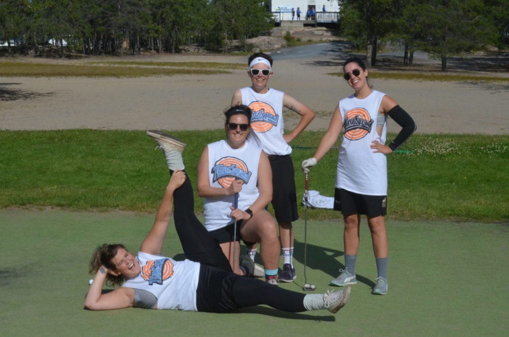The TuneSquad were in fine form after finishing up at the 14th green during the Adlair Women's Charity Scramble at the Yellowknife Golf Club on Aug. 15. They are, in front, Ceileigh Bruns; in middle, Abby Goodwin; back row from left, Kylie Frederick and Mickey Marshall. James McCarthy/NNSL photo