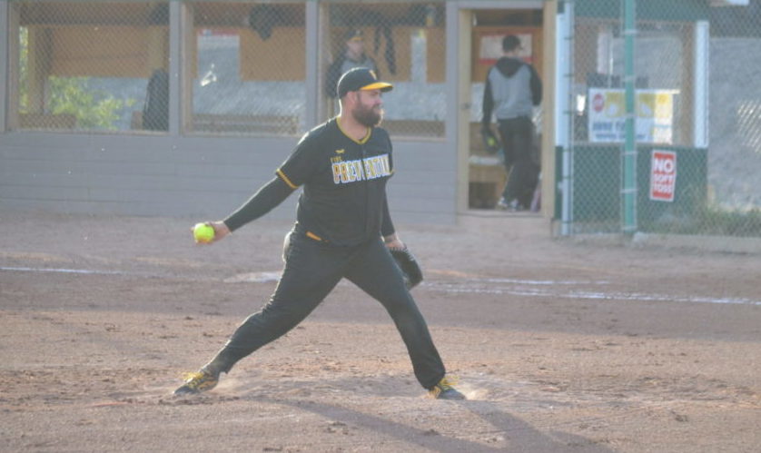 Steve Thomas of the Fire Prevention Prospectors prepares to fire a fastball in during the the Yk Fastball League's championship game at Tommy Forrest Ball Park on Aug. 22. James McCarthy/NNSL photo