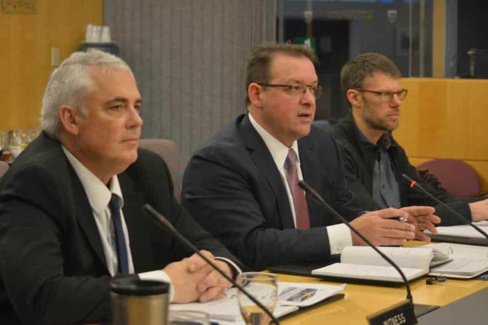 Environment and Natural Resources wildlife director Dr. Brett Elkin and Deputy Minister Joe Dragon present range plans for boreal and Bathurst caribou at a Dec. 7 committee meeting in Yellowknife. NNSL file photo