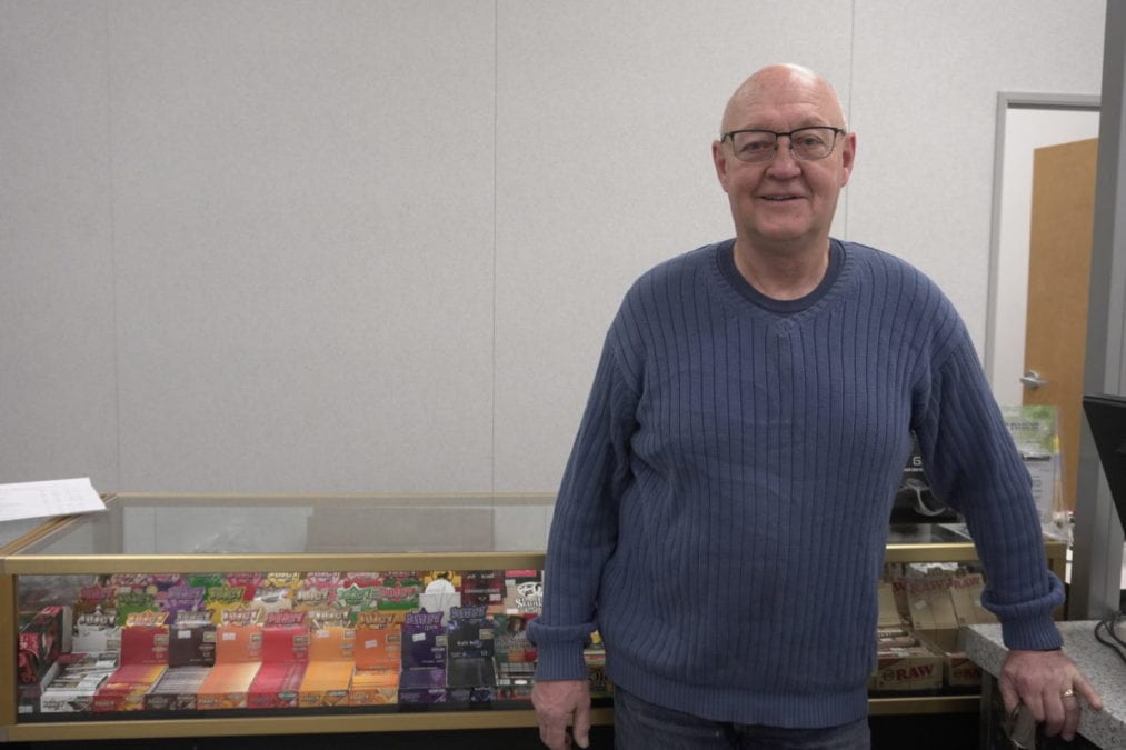 Ed Eggenberger poses in front of his products for the opening of Trailblazers Cannabis shop in Stanton Plaza. Natalie Pressman/NNSL photo