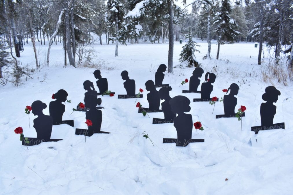 Black paper cutouts contain the names of 14 women murdered in Montreal on Dec. 6, 1989. Blair McBride/NNSL photo