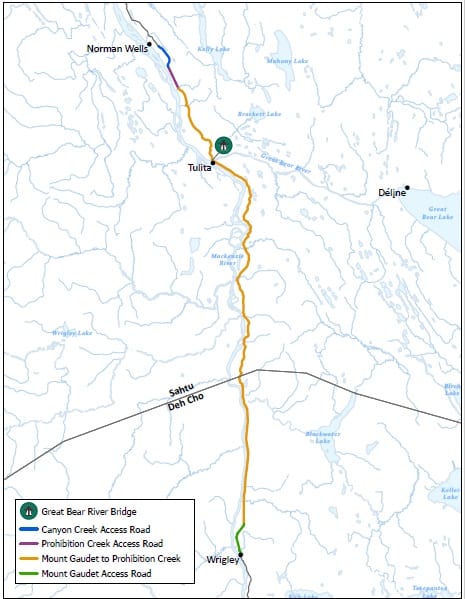 Parts of the Mackenzie Valley Highway from Wrigley to Norman Wells will receive $140 million under the federal National Trade Corridors Fund. GNWT image