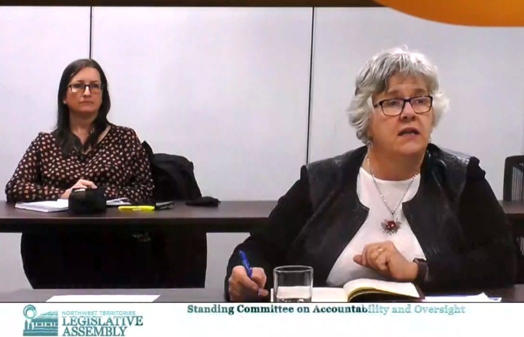 Susan Laramie, left, special advisor to the minister of health and social services, and Health Minister Julie Green appear before the Standing Committee on Accountability and Oversight on Wednesday to speak about the Covid-19 vaccine rollout. GNWT image