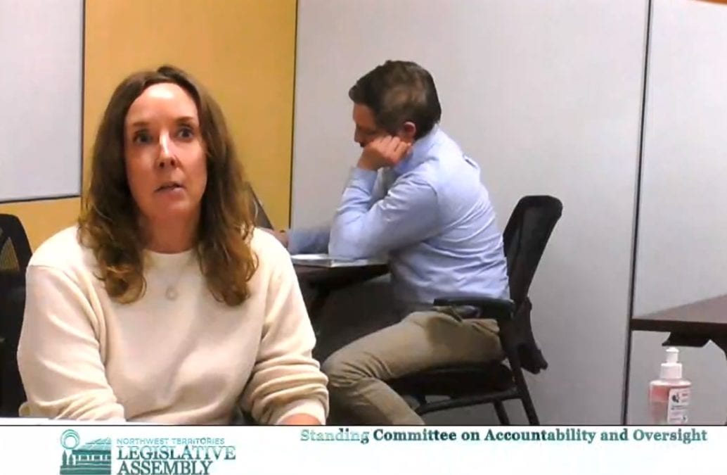 Dr. AnneMarie Pegg, territorial medical director, left, and Carter Stirling, special advisor to the chief public health officer speak to the Standing Committee on Accountability and Oversight on Wednesday about the Covid-19 vaccination strategy. GNWT image