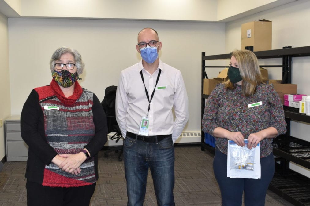 Health Minister Julie Green, left; Scott Robertson, executive co-lead for Covid-19 response; and Dawn DeBlieck, clinical nurse educator with the Northwest Territories Health and Social Services Authority spoke at a logistics demonstration in Yellowknife on Friday. Blair McBride/NNSL photo