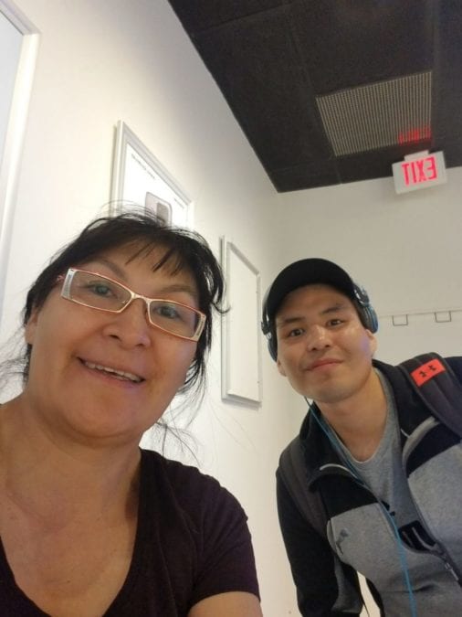 Dolly Pierrot, left, takes a selfie with her son Myrine Kakfwi during a shopping trip in Edmonton when he helped her buy a new mobile phone, in June of 2020. photo courtesy of Dolly Pierrot