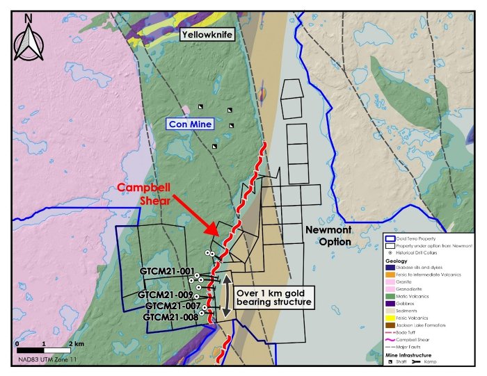 Gold Terra's drilling program south of Con Mine found evidence of more than two kilometres of gold mineralization in the Campbell Shear. image courtesy of Gold Terra Corp