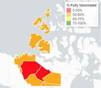The Tlicho and Sahtu regions (in red) have vaccination uptake rates of 36 per cent and 47 per cent, respectively, the lowest rates in the NWT, according to Department of Health and Social Services data. GNWT image