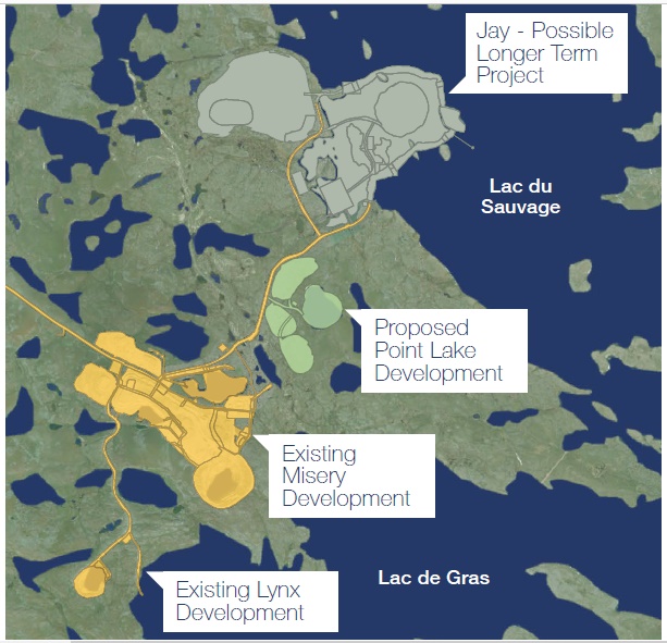 The planned Point Lake pit mine sits northeast of the existing Misery Pit on the southeast portion of the Ekati property. image courtesy of Arctic Canadian Diamond Company