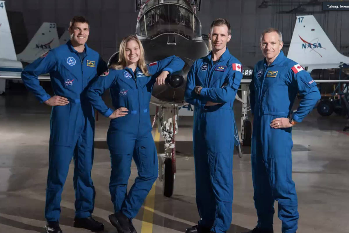                                             Canada’s current team of actively training astronauts. All four are currently training for missions in space in Houston, Texas L-R: Jeremy Hansen, Jennifer Sidey-Gibbons, Joshua Kutryk and David Saint-Jacques. screenshot courtesy of Canadian Space Agency          
