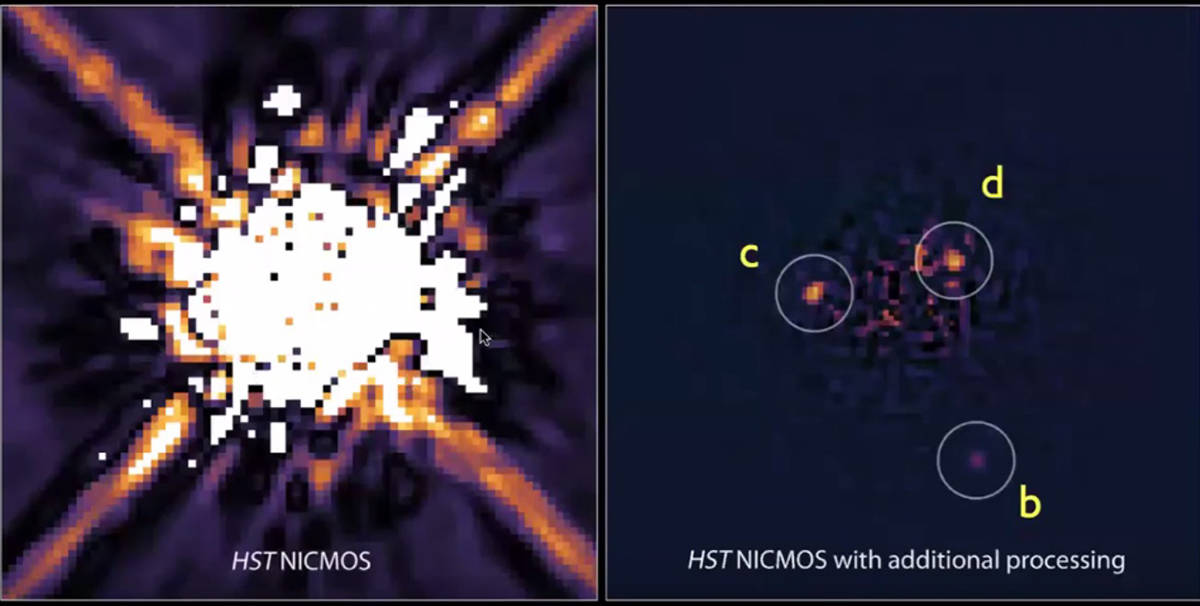 What scientists actually see because stars emit light and planets dont, astronomers measure drops in brightness as planets cross the path between the star and Earth and can deduce facts about the planet. This particular image from 2008 is of the star HR 8799 and is the first time exoplanets were found using this method. screenshot courtesy of Aurora Research Institute