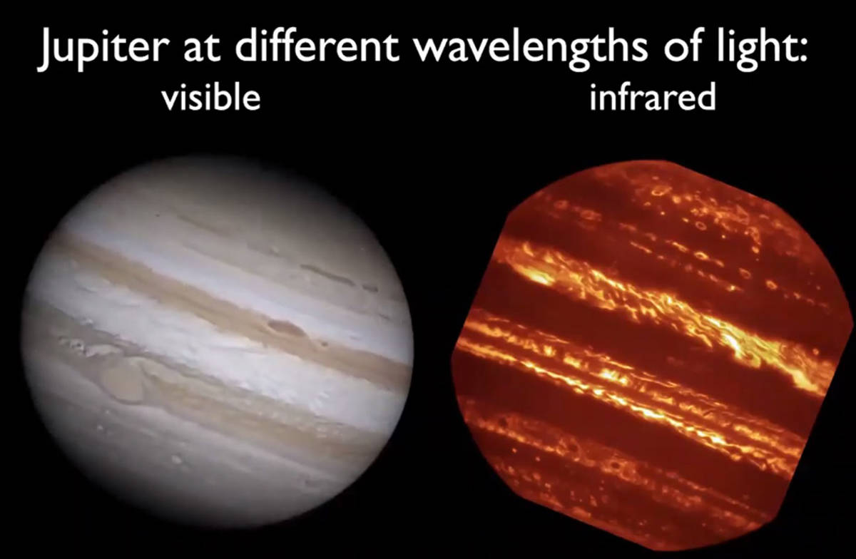 Jupiter at visible and infrared light. Bright spots on the right side show where the hotter, deeper weather systems exist under the surface. screenshot courtesy of Aurora Research Institute