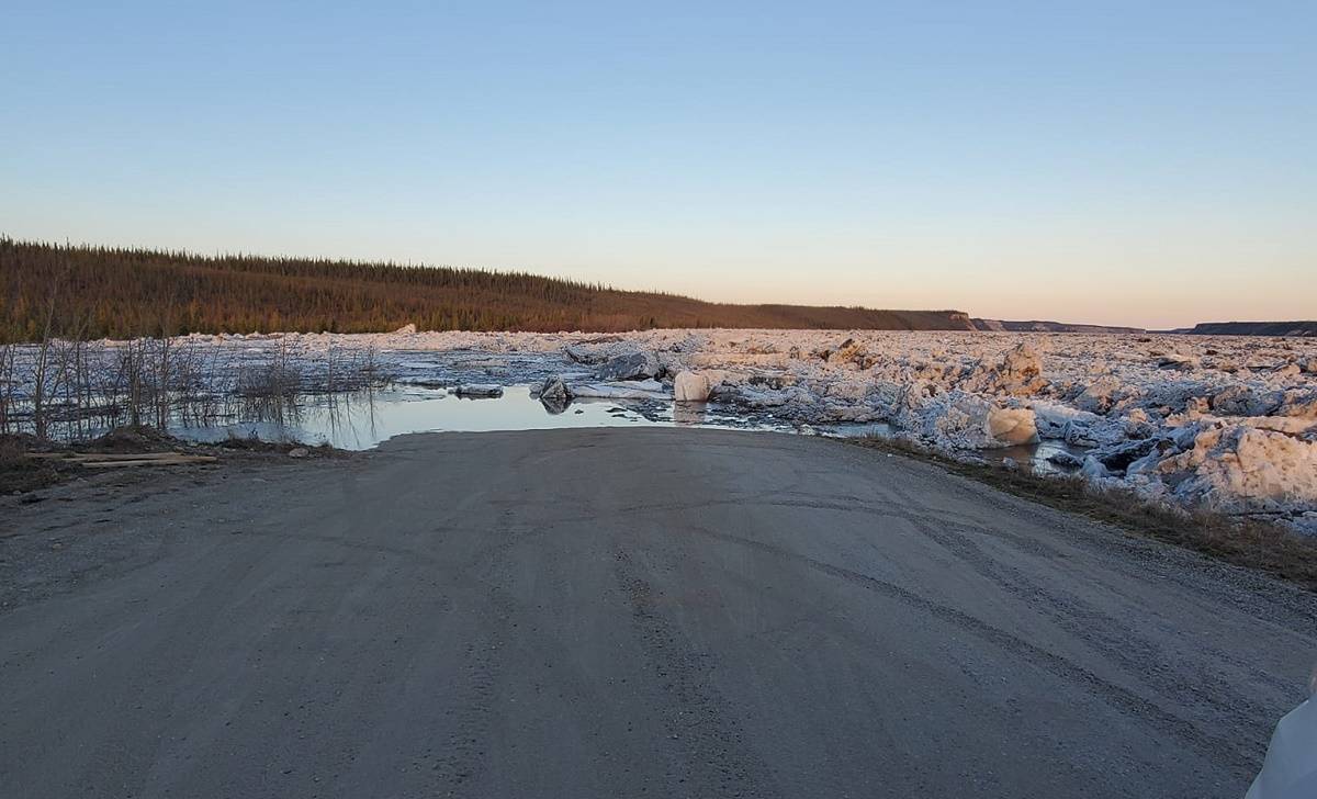 Ice from the Mackenzie River began covering a road in Fort Good Hope on May 25, said resident Edna Tobac in a Facebook post. photo courtesy of Edna Tobac