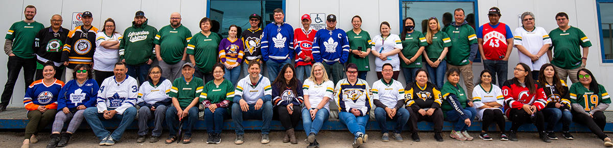 Staff and members of the Inuvialuit Regional Corporation donned jerseys in support of Edmonton Oiler Ethan Bear for the first-ever Indigenous Athletes Jersey Day May 28. The IRC wanted to show its support for Bear after the athlete was subjected to racist attacks online. photo courtesy of Inuvialuit Regional Corporation