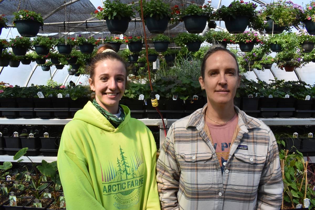 Kiona Zacker, left, a horticulturist at Arctic Farmer is surrounded by growing plants in the warm greenhouse beside owner, Carine Pattin. Blair McBride/窪蹋勛圖厙 photo